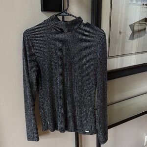 Tahari Black and Silver Striped Top Medium